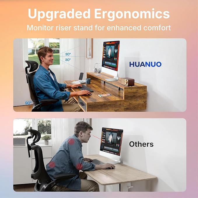 HUANUO 48″ x 26″ Electric Standing Desk with 2 Drawers &amp24.4″ Large Keyboard Tray C-Clamp Mount Compatible Adjustable Computer Desk for Office Sit Stand Up Desk with 4 Height Presets Vintage B