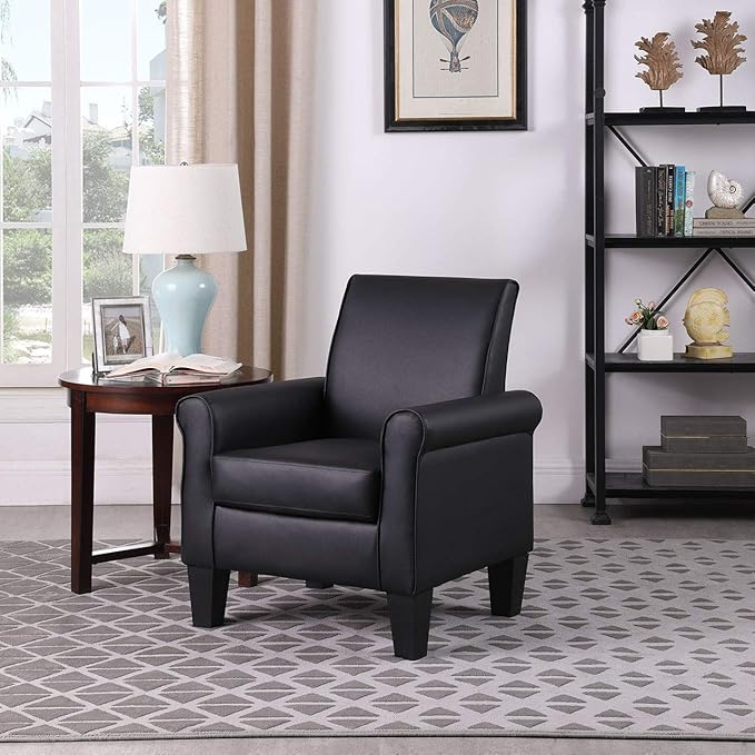Lohoms Modern Faux Leather Accent Chair Upholstered Living Room Armchairs Comfy Single Sofa Chair for Bedroom Waiting Room-Black