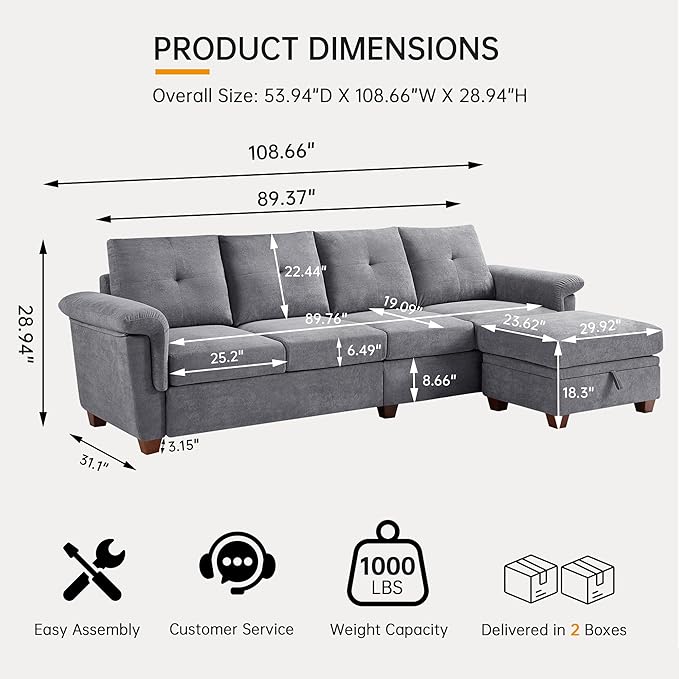 Convertible Sectional Sofa with Storage 4 Seat L Shaped Couch with Chaise and Cup Holder Modern Microfiber Fabric Sofas Couches for Living Room Light Grey