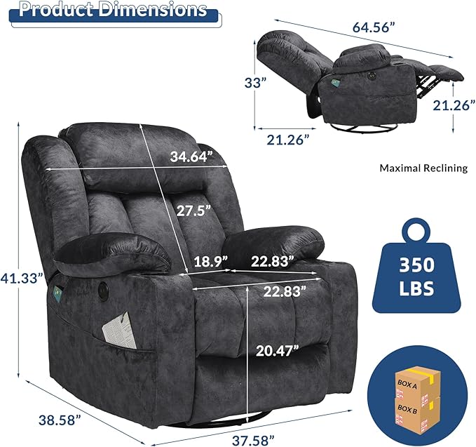 Manual Swivel Glider Rocker Recliner Chair with Heated Massage 360° Swivel Overstuffed Lounge Chair with 2 Cup Holders Side Pockets &amp USB Ports for Living Room Fabric Gray