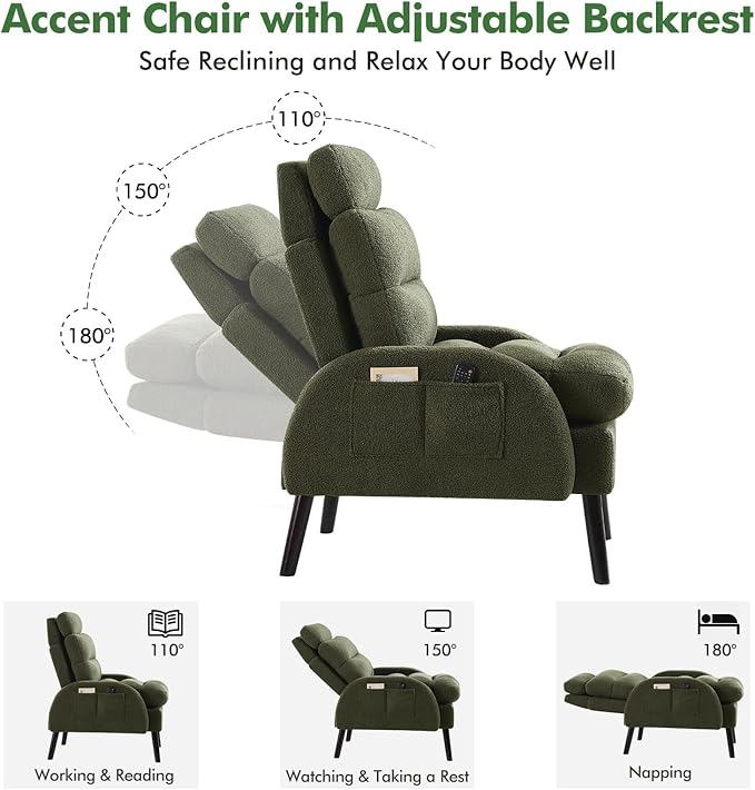 Accent Chair with Ottoman Comfy Reading Chair with Ottoman Set Modern Oversized Velvet Lounge Armchair with Adjustable Backrest for Living Room Bedroom (Teddy Dark Green)