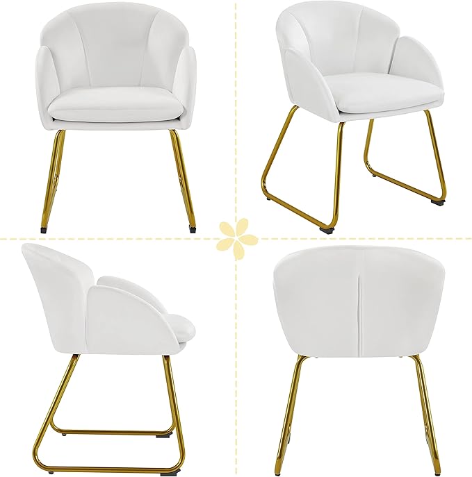 Yaheetech Velvet Living Room Chair Flower Shaped Armchair with Golden Legs Upholstered Side Chair for Vanity Room Living Room Kitchen Set of 2 White