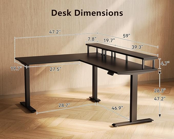 AODK Electric L Shaped Standing Desk with Monitor Stand 59 Inch Height Adjustable Corner Desk with Power Outlets Large Sit Stand Table Reversible Computer Desk for Home Office Black