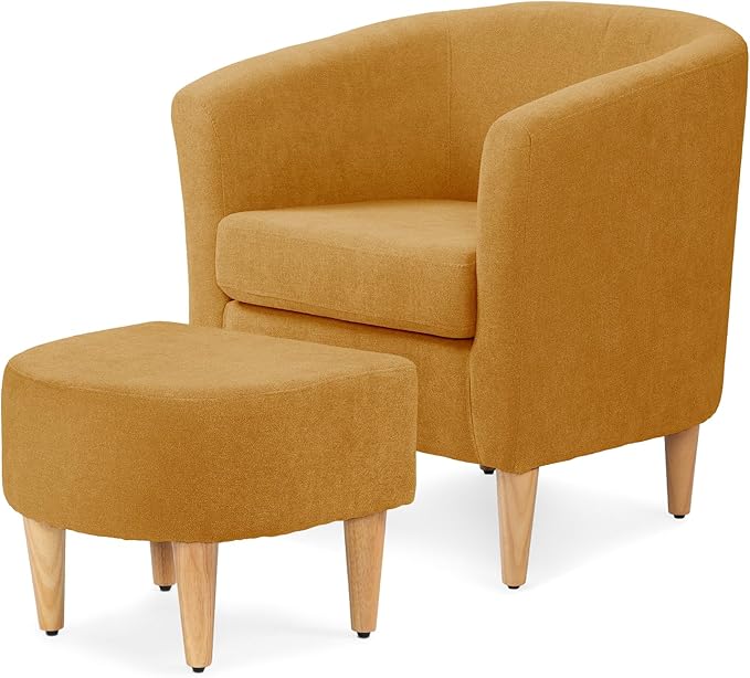 Athena Collection Modern Accent Chair with Ottoman Linen Barrel Sofa Chair Comfy Upholstered Armchair Reading Chair with Thickened Seat Cushion for Bedroom Living Room Yellow