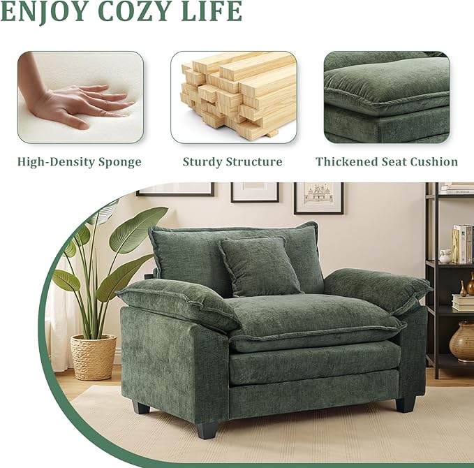 Oversized Accent Chair with OttomanOversize Chair Chenille Sofa with ArmrestsComfy Living Room Sofa with Deep Seat &amp PillowsOversized Reading Accent Chairs Couch Lounge for BedroomGreen