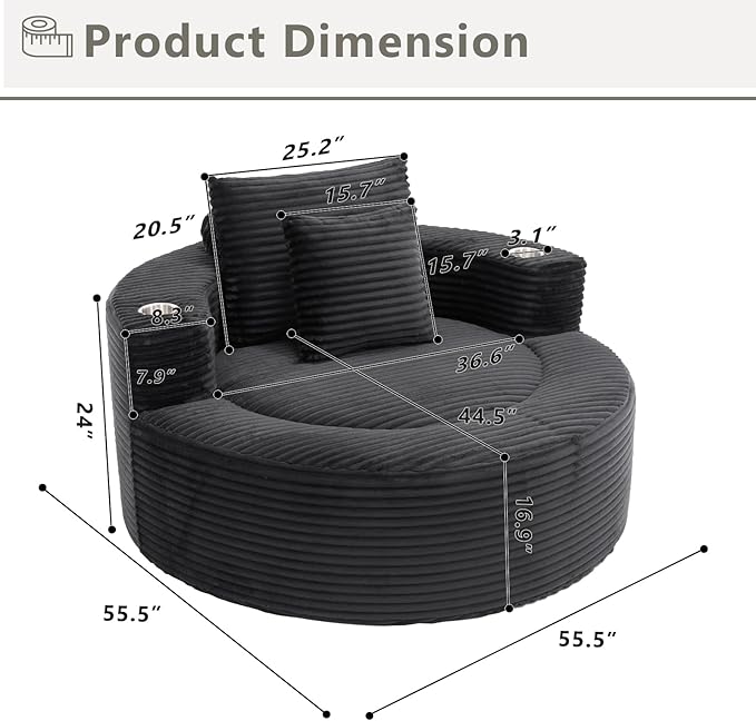 55 Black Oversized Round Boneless Couch Sofa Velvet Memory Foam Cloud Couches Lounge Chair Comfy Fluffy Single Sofa with 3 Pillows for Living Room Bedroom No Assembly Required (Black .)