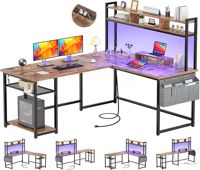 Aheaplus L Shaped Gaming Desk 59 Reversible Gaming Desk with Power Outlet and Led Lights L Shaped Computer Desk with Storage Shelves &amp Monitor Stand Home Office Desk L Shaped Desk Rustic Brow