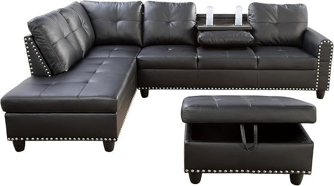 EMKK L Shaped Sectional Sofa Set with Storage Ottoman Reversible Back Cushion w/Cupholders Wide Convertible Upholstered Couch Living Room Furniture 2 Cup HoldersDeep Seat Sleeper Corner Sofa&ampCo