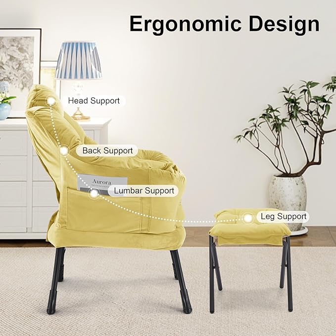 Lazy Chair with OttomanOversized Accent Chair with Thick Cushion Side PocketModern Lounge Arm Reading Chair and Folding Footrest for Living RoomBedroomOfficeDormApartment Yellow