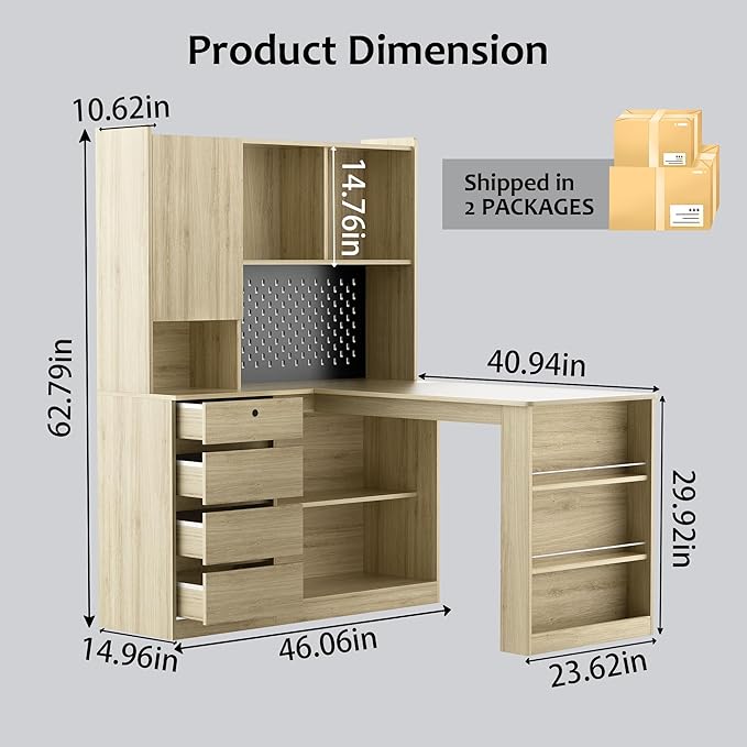 L Shaped Desk with Hutch Wooden Home Office Desk with 4 Drawers Storage Cabinet Charging Station Corner Writing Computer Desk(Right Side Desk Wood)