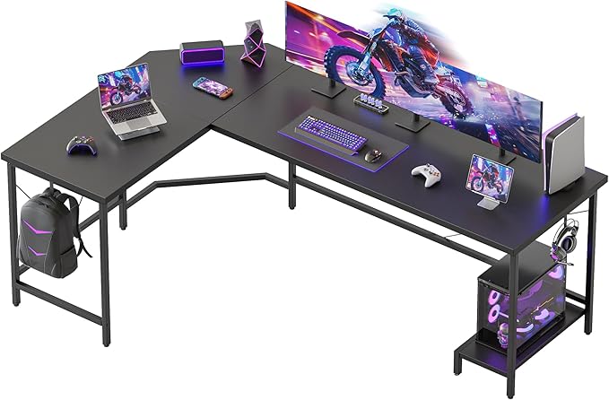 Mericonia 66 inch Large L Shaped Desk Simple Corner Gaming Desk with CPU Stand &amp Hooks Computer Desk for Home Bedroom &amp Office Workspace Black