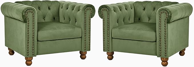 Velvet Chesterfield Chair Club Chair Tufted Single Sofa Couch for Living Room Accent Armchair with Nailhead Trim Green