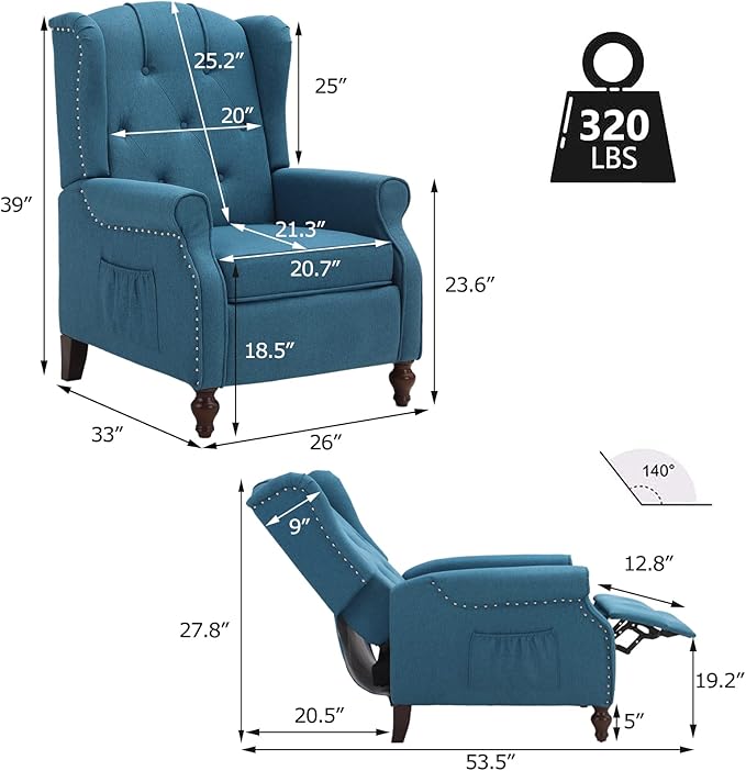 Wingback Recliner with Massage and Heat Tufted Fabric Push Back Recliner Chair for Living Room Vintage Wingback Chair with Remote Control Small Recliners for Small Spaces