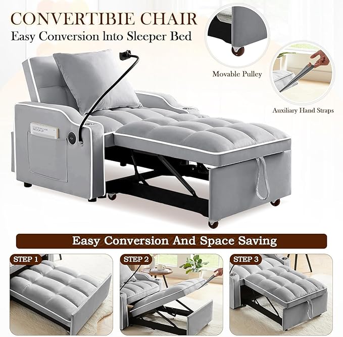 3-in-1 Convertible Sleeper Sofa Bed Chair with Cup Holders &amp Phone Holder Futon Chair Bed with Pull Out Couch Adjustable Backrest Modern Velvet Chaise Lounge for Living Room Bedroom (Grey 35.43