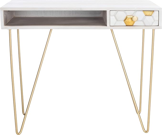 SAFAVIEH Home Office Collection Raveena White Wash and Brass 1-Drawer Hairpin Leg Desk