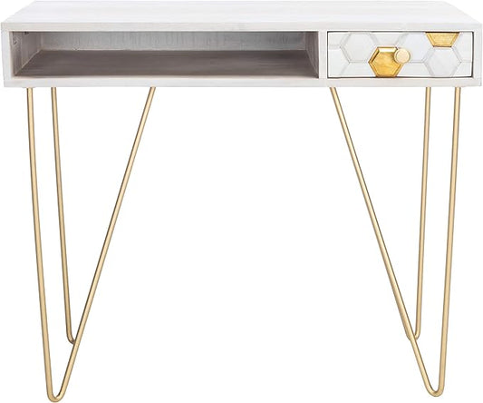 SAFAVIEH Home Office Collection Raveena White Wash and Brass 1-Drawer Hairpin Leg Desk