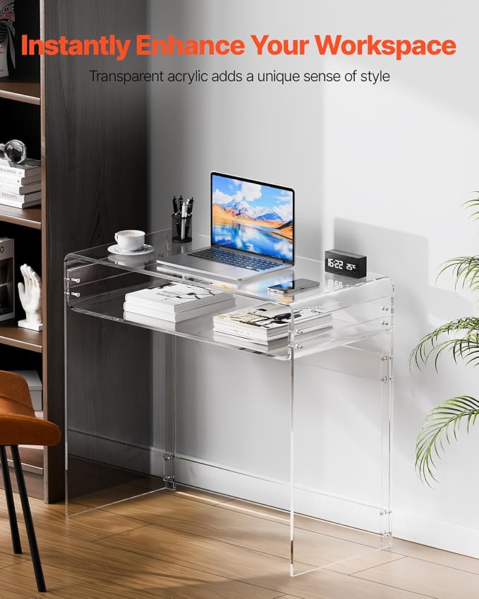 VEVOR Acrylic Desk Clear Laptop Study Desk with Storage Shelf Modern Transparent Console Table for Home Office Living Room Bedroom Entryway 33.5 W x 15.7 D x 29.5 H