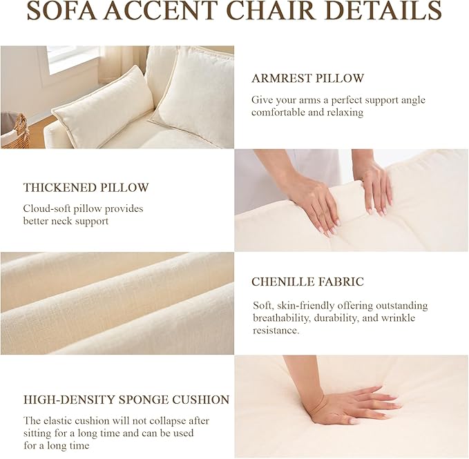 Oversized Accent Chair with Ottoman Chenille Cloud Single Sofa Upholstered Double-Layer Seat Lounge Armchair with Pillows for Living Room Reading Apartment Beige