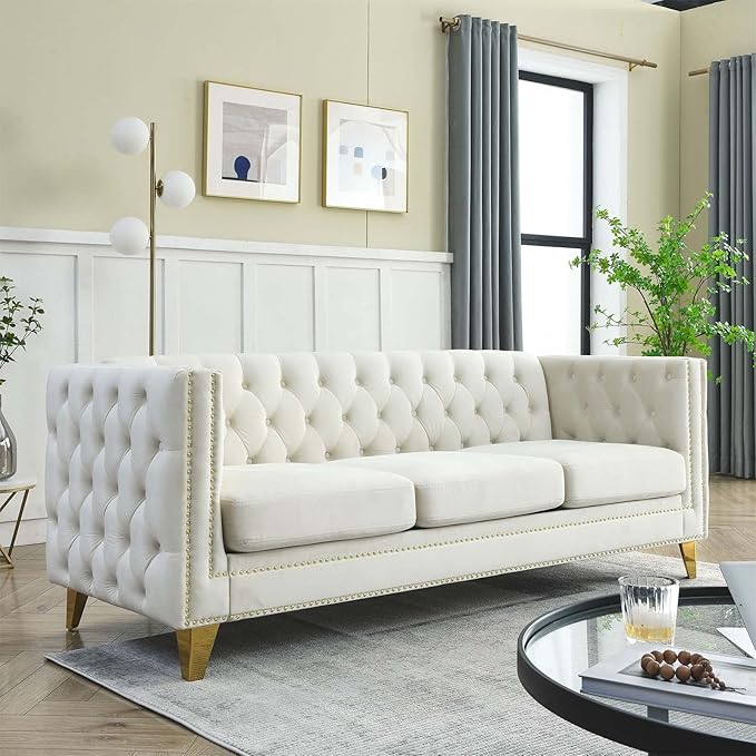 Antetek Comfy Upholstered Couches for Living Room 80-inch Modern Button Tufted 3-Seater Sofa w/Square Arm 4 Golden Metal Legs and Gold Nail Heads for Living Room Office Apartment Beige