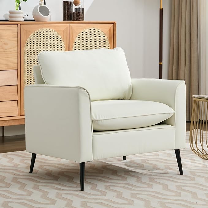 Modern Faux Leather Chair Set of 2 Oversized Arm Chair for Living Room Mid-Century Accent Sofa for Bedroom Comfy Upholstered Single Sofa Readingchair for Waiting Room and conference roomCream