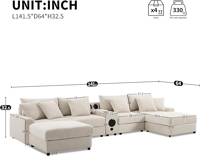 Sectional Sofa Corduroy Cloud Sofa with Bluetooth Speakers L-Shaped Couch with Console USB Charger Cup Holders Storage 6 Seats Deep and Wide Seat Couch for Living Room (Cream)