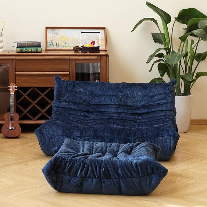 N&ampV Fireside Chair Mid Century Armless Floor Sofa Soft Premium Chenille Floor Lounge Chair Foam Sofa Accent Chair for Living Room Bedroom and Office (Blue Loveseat)