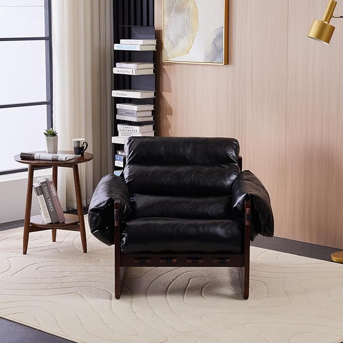 Mid-Century Modern Accent Chair Oil Waxed Leather Lounge Chair with Thicked Cushion &amp Removable Armrests Upholstered Cozy Armchair Cloud Sofa Chairs for Living Room Bedroom Apartment(Black)