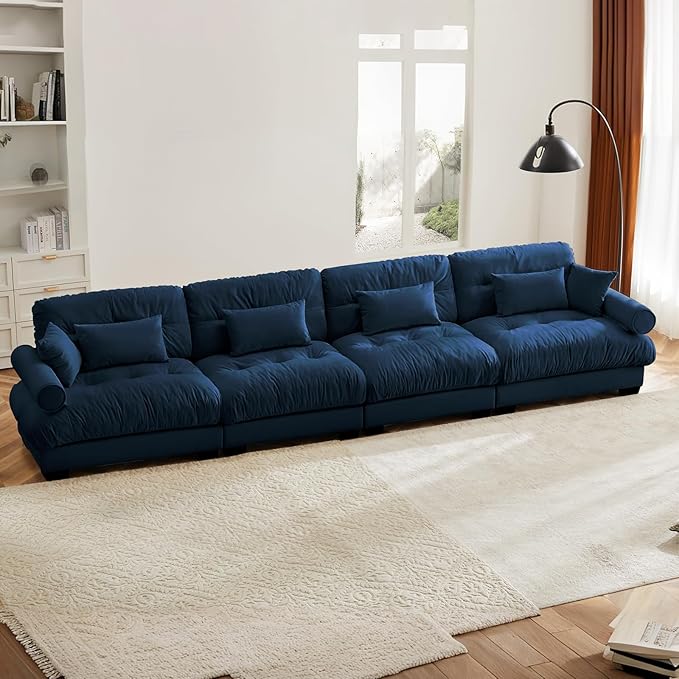 166 Large Sectional Couches for Living Room Cloud Modern Modular Deep Seat Sofa Set Comfy Couches Velvet Fluffy 4 Seater Sofa Set for Bedroom Apartment Blue