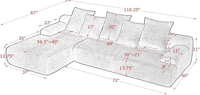 Modular Sectional Sofa Boneless Couch 110'' Comfy Velvet L-Shape Cloud Couch with Deep Seat Modern Minimalist Upholstered Compressed Sofa Cloud Sectional Couches for Living Room Black