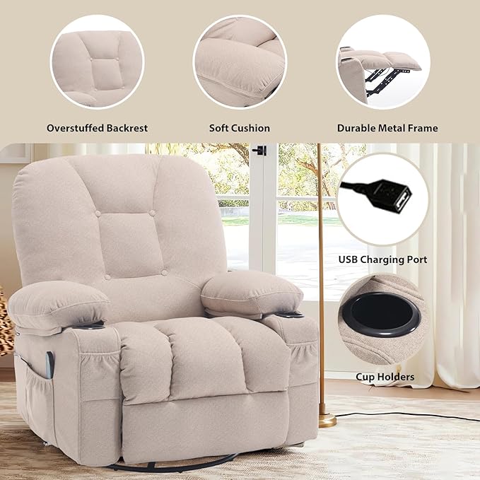 Rocker Recliner Chair with Massage and Heat Oversized Rocking Nursery Recliners Chair Overstuffed Swivel Glider with Cup Holder Fabric Manual Single Sofa for Living Room Beige