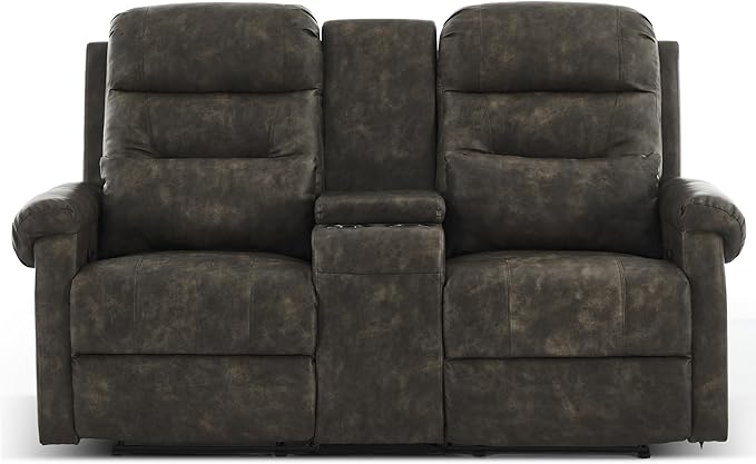 DRMBOOK RV Loveseat Recliner Sofa with Console Faux Leather Double Wall Hugger Reclining Couch Manual Home Movie Seating 2 Person Recliner Chair with Cup Holders/Storage/Pocket/Pillow Black&ampGrey