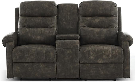 DRMBOOK RV Loveseat Recliner Sofa with Console Faux Leather Double Wall Hugger Reclining Couch Manual Home Movie Seating 2 Person Recliner Chair with Cup Holders/Storage/Pocket/Pillow Black&ampGrey