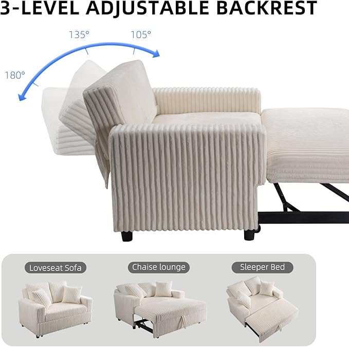 3 in 1 Convertible Sofa Bed52.8 Pull Out Couch with 2 Pillows and Side PocketsModern Corduroy Fabric Sleeper Loveseat with Adjustable Backrest for Living Room Bedroom Apartment (Beige Corduroy)