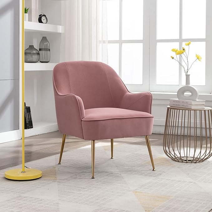 Modern Ergonomics Soft Velvet Fabric Material Armchair Accent Chair with Gold Legs Coffee Table Side Chair Comfy Upholstered Arm Chair for Indoor Home Living Room Bedroom (Pink)