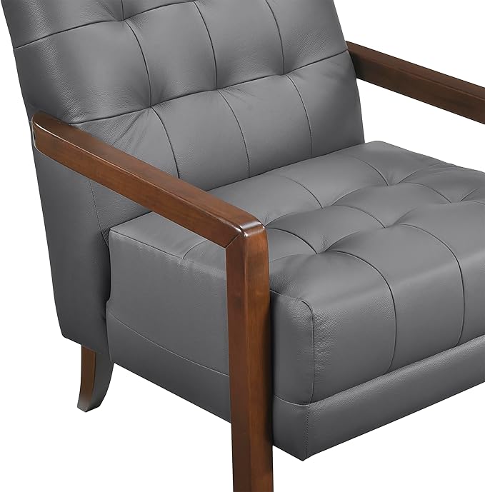 Lexicon Modern Accent Chair Luxury Genuine Leather Match Living Room Chair with Tufted Cushions Solid Wood Frame and Arm Rest Comfy Upholstered Single Seat for Bedroom/Reading/Office Dark Gray