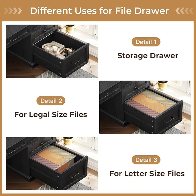 BTHFST 59.1 Executive Desk with File Drawer Home Office Desk with Charging Station &amp LED Lights Computer Desk with Drawers &amp Storage Cabinet Executive Office Desk with Monitor Stand Black