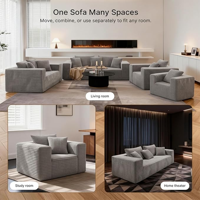 3-Seater Deep-Seat Corduroy Lounge Sleeper Sofa No Assembly Frameless Foam Cloud Couch Comfy Plush for Living Room Bedroom Apartment Dorm Office（Light Gray）