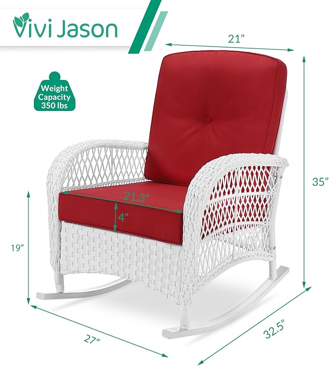 VIVIJASON Outdoor Wicker Rocking Chair Patio Rattan Rocker Chair with Cushions &amp Steel Frame All-Weather Rocking Lawn Rattan Furniture for Garden Backyard Porch (White Wicker/Red)