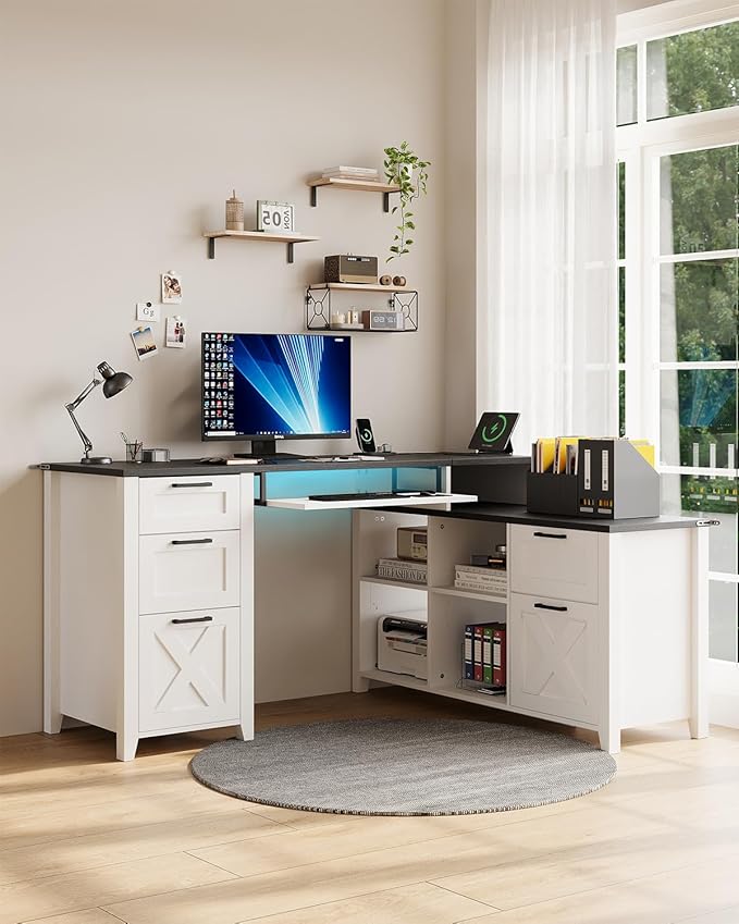 HOPUBUY Farmhouse L Shaped Executive Desk with Drawers 59''Home Office Corner Desks with Charging StationFile CabinetsStorage Compartments Wood Computer Desk Writing Table w/Keyboard TrayWhite