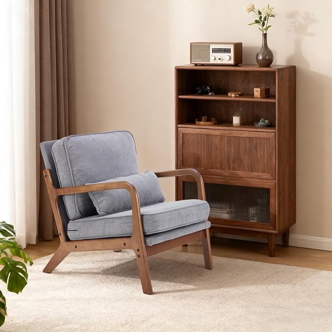 DUMOS Mid Century Modern Chair Set of 2 Accent Chair with Arms and Waist Cushion Reading Chairs for Adults Lounge Chair for Living Room and Bedroom Solid Wooden Frame Grey