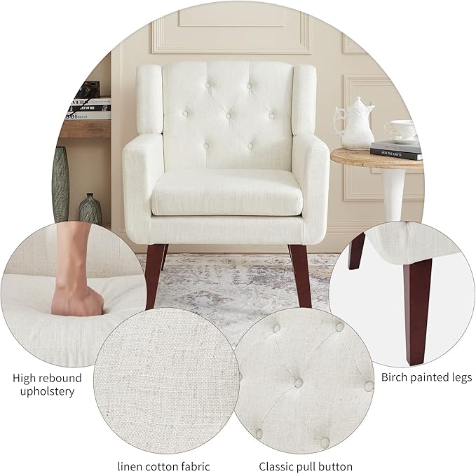 Living&ampGiving Accent Chair Button-Tufted Upholstered Living Room Chairs Comfy Reading Mid Century Modern with Linen Fabric Lounge Arm for Bedroom (Beige) 29.33D x 28.94W x 34.65H Inch