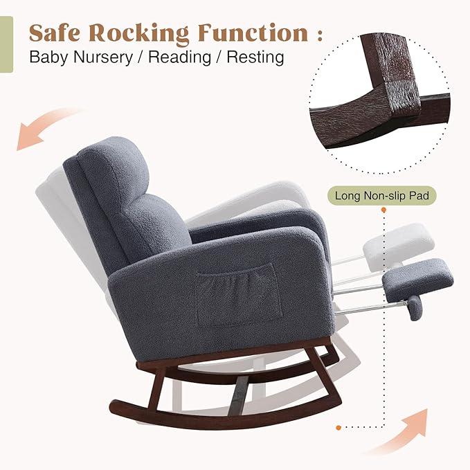 Rocking Chair Nursery with Foot Rest Teddy Nursing Rocking Chairs for Mom Breastfeeding Rocker Glider Chair with High Backrest for Living Room Bedroom Blue Grey