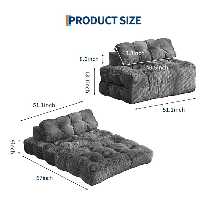 Garvee Folding Sofa Bed Convertible Sleeper Chair with Pillow Foldable Mattress with Back Support Boneless Fold Out Chair Bed Comfy Floor Sofa Lounge for Living Room Bedroom Dark Gray Full
