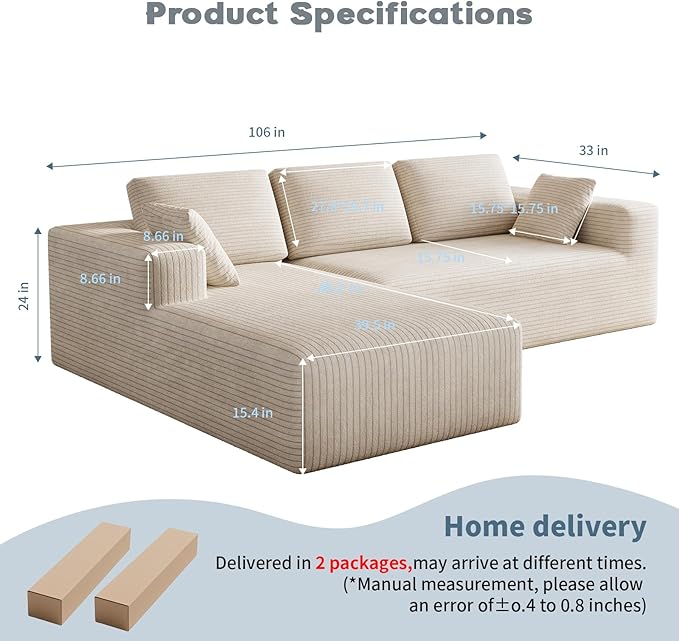 106 Corduroy Sectional Couch Boneless L Shaped Couch with Deep Seat Cloud Foam Sofa with Oversized Chaise Sectional Sofa No Assembly Needed for Living Room