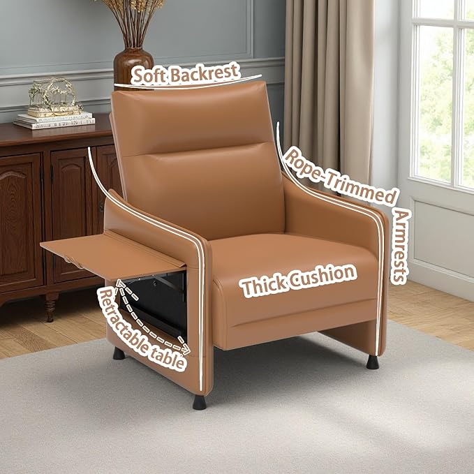 PU Leather Accent Chair Set Mid-Century Modern Living Room Armchair Sofa Descending Armrest Flip-Up Table Storage Pouch Rubber Feet for Living RoomOffice