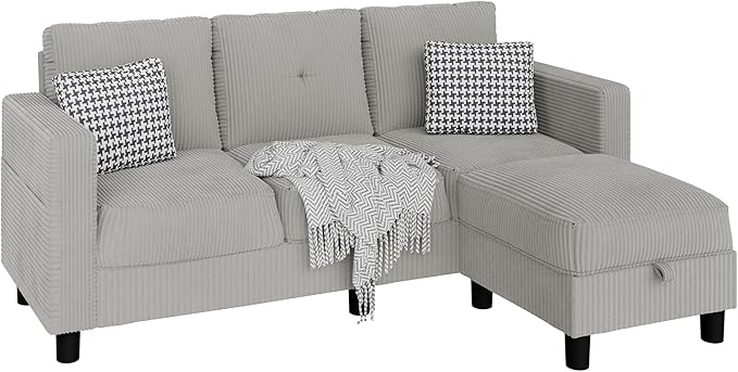 JAMFLY Convertible Sectional Couches for Living Room L-Shaped Couch 3 Seat Sectional Sofa Set with Corduroy Fabric and Movable Ottoman Small Couch for Apartments Office(Light Grey)