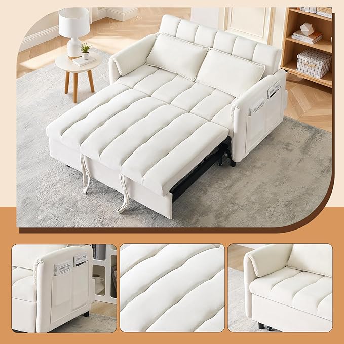 3 in 1 Convertible Sleeper Sofa Bed Modern Velvet Loveseat Pull-Out Couch w/Pullout Bed Small Love Seat Lounge Sofa w/Reclining BackrestToss Pillows Pockets for Living Room