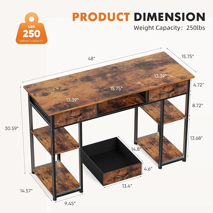 Sweetcrispy Desk with Fabric Drawers Computer Office 48 Inch Gaming Writing Study 4 Storage Shelves Table for Home Office Bedroom PC Desk Pure Brown