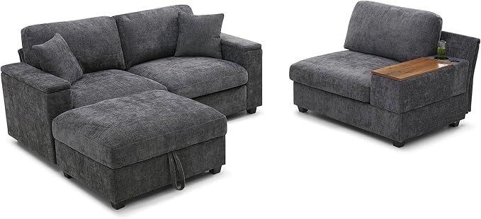 Oversized L-Shaped Modular Sectional Sofa with Storage Armrest Reversible Couch with Movable Ottoman USB Ports Cup Holders 360°Swivel Tray Comfy Cloud Cushions for Living Room or Apartment Gray