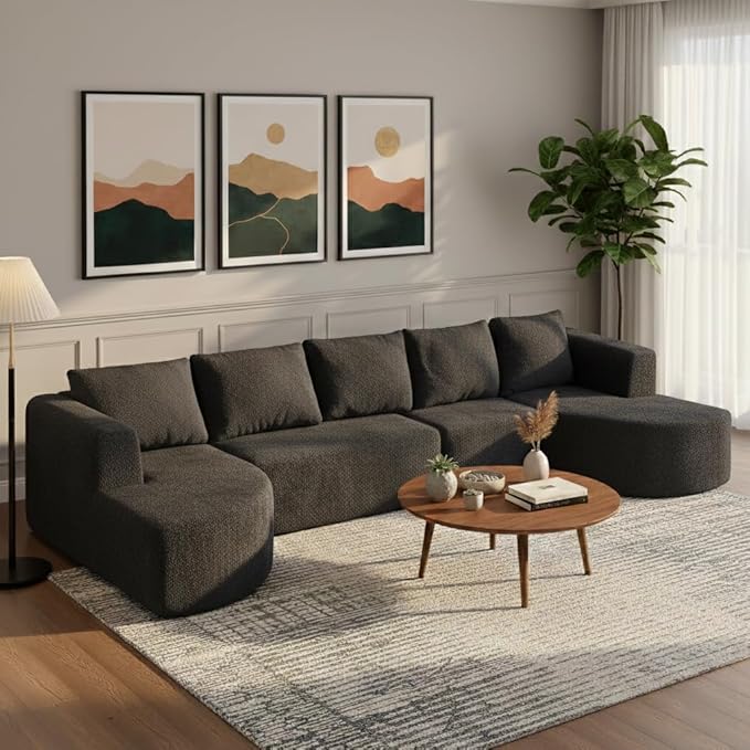 144 Modular Sectional Sofa No Assembly Required U-Shaped Cloud Couch with Chaise Modern Curved Boneless Sofa in Luxurious Boucle Fabric Deep Seats Memory Foam (Dark Grey) | Zero-Assembly Design